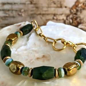 Large Natural Green Jade Barrel, Picasso Beads & Gold Nugget Bead Bracelet